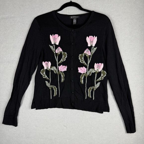 Inc Black Floral Embroidered Jeweled Grandmacore "Spring Romance" Cardigan- M - Picture 1 of 6